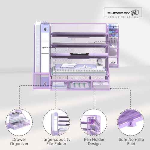 SUPEASY Desk Organizer with File Holder, 5-Tier Mesh Paper Letter Tray Organizer with Pen Holder and Drawer, Desktop Organizer and Storage with 3 Tilted File Sorter for Office Supplies, Purple