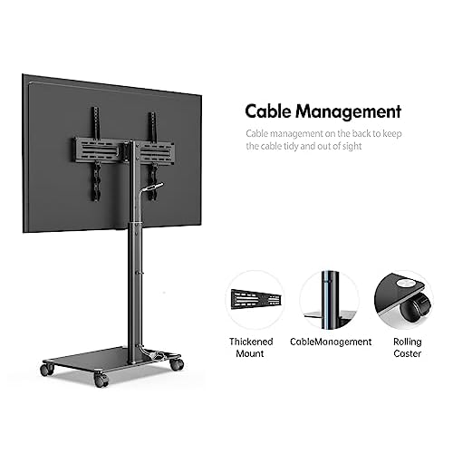 FITUEYES Mobile TV Stand with Wheels for 32-60 65Inch Screen, Rolling TV Floor Stand with Mount, TV Cart with Black Tempered Glass Base & Wire Management, Holds 66 lbs