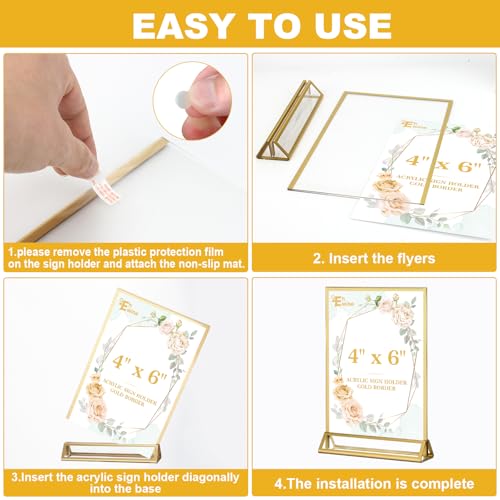 EHWINE 12 Pack Acrylic Sign Holder 4 x 6, Double Sided Gold Picture Frame Stand up Table Top Sign Holders, Clear Display Stand Menu Flyer Holder for Wedding Party