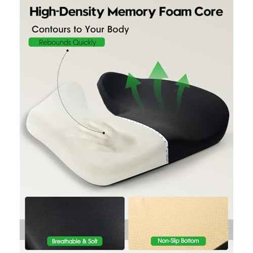 Ergonomic Office Chair Cushion ? Gel Memory Foam Seat Pad with Non-Slip Cover, Pressure Relief for Long Sitting, Back Pain, Tailbone Support (Black)