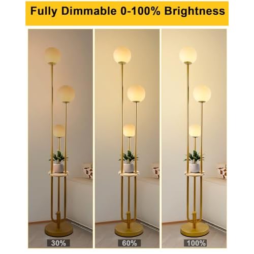 Lightdot Gold Globe Floor Lamp 3-Lights Dimmable Floor Lamps with Tray 3000K Bulbs Included Unique Floor Lamp Candle Holder Style Modern Standing Lamps for Living Room/Bedroom