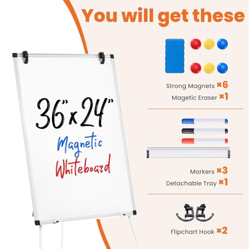 Sweetcrispy Whiteboard Easel 36 x 24 Inches, Magnetic Dry Erase White Board, Portable Boards Height Adjustable, Dry Erase Board with Stand for School, Office and Home, Silver Aluminium Frame, White