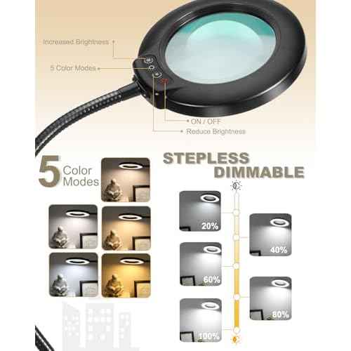 10X Magnifying Glass with Light, 5 Color Modes Stepless Dimmable Flexible Gooseneck LED Hands-Free Desk Lamp, Stand Lighted Magnifier for Crafts, Sewing, Reading, Painting, Hobby, Close Work