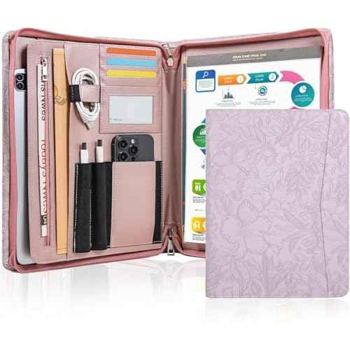 Embossed PU Leather Portfolio for Women,Professional Organize 3-Ring Padfolio with A4 Notepad Holder,Professional Business Document Organizer for Women (Purple)