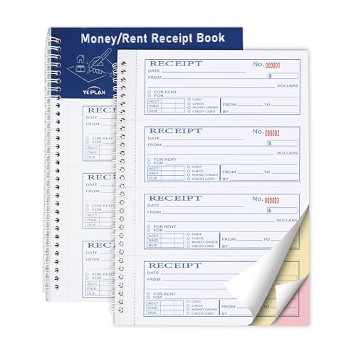 Yeplan 7.9x11.22 in 3-Part Carbonless Rent Receipt Book, 100 Sets, Spiral