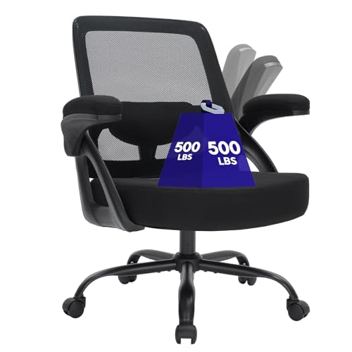 Heavy-Duty 500lb Big & Tall Mesh Office Chair with Flip-Up Armrests - Black