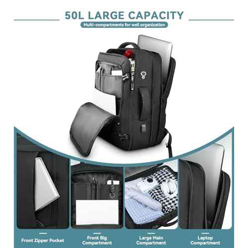 Travel Backpack, 50L Expandable Extra Large Laptop Backpack, Carry On Backpack Water Resistant Business Suitcase Daypack Bag Fits 17 Inch Laptops, Travel Gifts for Men Women, Black