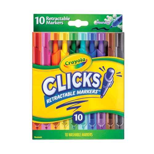 Crayola Clicks Retractable Tip Markers (10ct), Stocking Stuffers for Kids & Toddlers, Cone Tip Washable Art Marker Set, Coloring Book Supplies, No Dry, 3+
