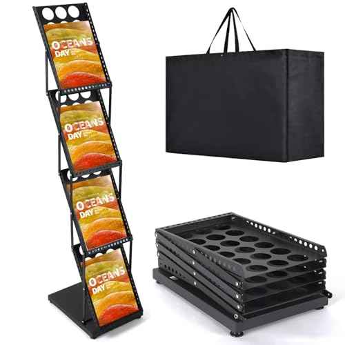Literature Catalog Rack, Foldable Magazine Brochure Display Stand, Magazine Floor-Standing with Portable Oxford Bag, for Office Store and Exhibition Trade Show (4 Pockets, Black)