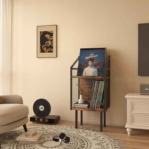 Vinyl Record Storage Cabinet, Retro Record Display Rack, Holds 120+ Records, Multi-Functional Organizer for Albums, Books, Magazines & Files