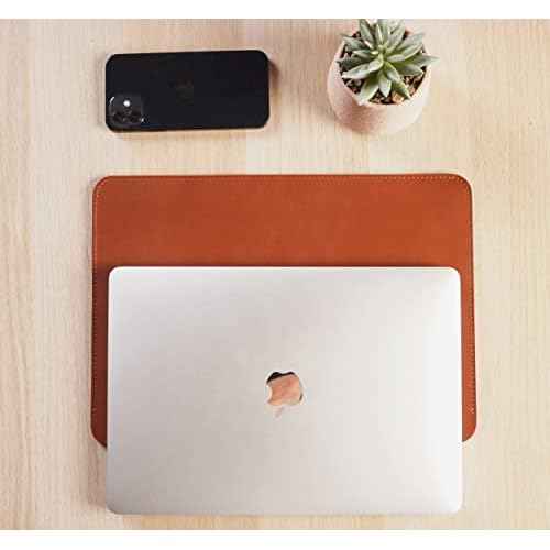 Genuine Leather Mac Sleeve for 13-inch MacBook Air 2018-2023 M1 M2 A2337 A2179 A1932 2018-2021, MacBook Pro M1/A2338 A2251 A2289 2016-2023, 12.9 iPad Pro case Bag Handmade Cognac