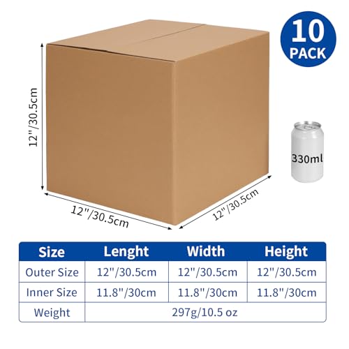 CRUGLA 12x12x12 Inch Shipping Boxes 10 Pack - Brown Corrugated Cardboard with Side-Lock, Pre-Applied Tape, Easy Assembly for Small Business & Shipping