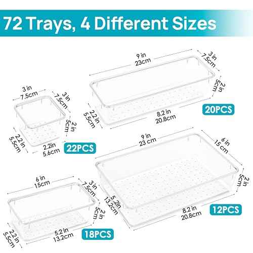 Vtopmart 72 PCS Clear Plastic Drawer Organizers Set, 4-Size Versatile Bathroom and Vanity Organizer Trays, Non-Slip Storage Containers for Makeup, Jewelries, Bedroom£¬Kitchen Utensils and Office