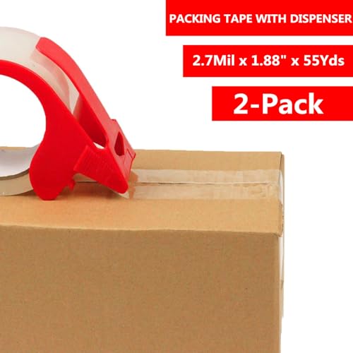 CHUANGSEED 2-Pack Clear Packing Tape with Dispenser - Heavy Duty Moving & Packaging Tape 2.7mil x 1.88"