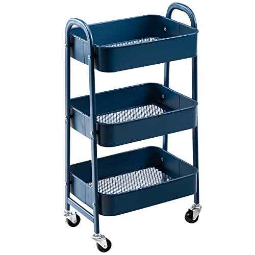 AGTEK Makeup Cart, Movable Rolling Organizer Cart, 3 Tier Metal Utility Cart,Navy Blue