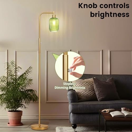 Dimmerable Glass Floor Lamp for Living Room,Modern Standing Lamp with Green Ribbed Glass Lampshade,Gold Plated Tall Lamp for Bedroom Reading Room Office,Dimmer LED Bulb Included.