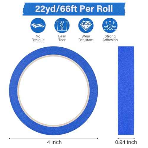 4 Rolls Blue Painters Tape, Premium Masking Tape, Paint Tape for Multi-Purpose, Painting, DIY Crafts (0.94-Inch x 22-Yard) Protects Surfaces, Easy Removal, Total 88 Yds