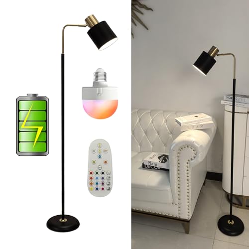 Modern Cordless Floor Lamp Battery Operated with Remote, Black Gold Rechargeable Minimalist Standing Battery Reading Floor Lamp with Metal Shade No Electric Wire for Living Room Bedroom (1 Pack)