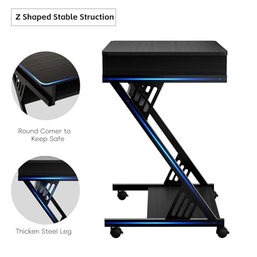 ALISENED Computer Desk for Small Spaces,23.6" Z-Shaped Compact Study Table with Smooth Keyboard Tray,with Wheels and Bottom Shelves for Home Office£¬Computer Cart Mobile Laptop Cart