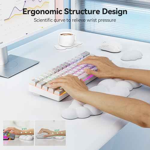 TECKNET Cloud Keyboard Wrist Rest Set, Cloud Wrist Rest with Non-Slip Base, PU Leather Wrist Pad for Keyboard with Ergonomic Memory Foam for Computer Laptop Office Gaming and Pain Relief, White