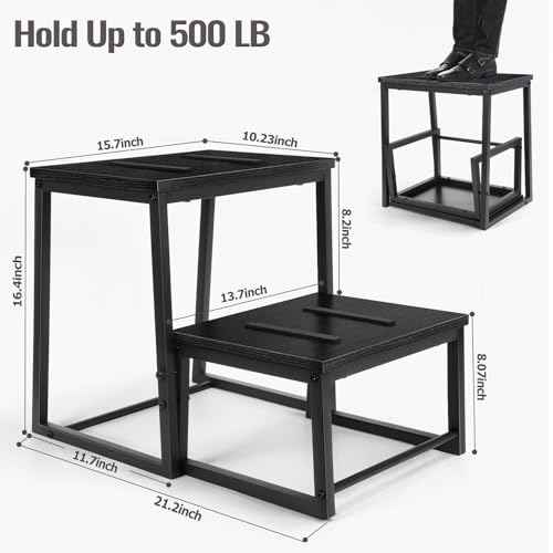 Vrisa Step Stool for Adults Wooden 2 Steps Footstool Heavy Duty RV Bedside Stepping Stool for High Beds with Metal Frame Hold Up 500LB Foot Stool for Kitchen Bathroom Bedroom, Black