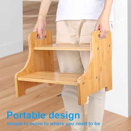 H&B Luxuries Bamboo Step Stool for Bathroom Kitchen Shelf Footstool for Bed Wooden Step Stool for Adults & Kids