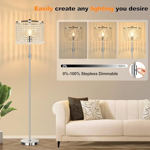 ¡¼Upgraded¡½ Dimmable Floor Lamps for Living Room, 1000LM LED Bulb Included, Standing Lamp with Crystal Lampshade, Tall Silver Pole Light for Bedroom Nursery Office Corner Reading