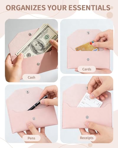 Pink Reusable Leather Cash Envelope Wallet for Men & Women, Budget Organizer