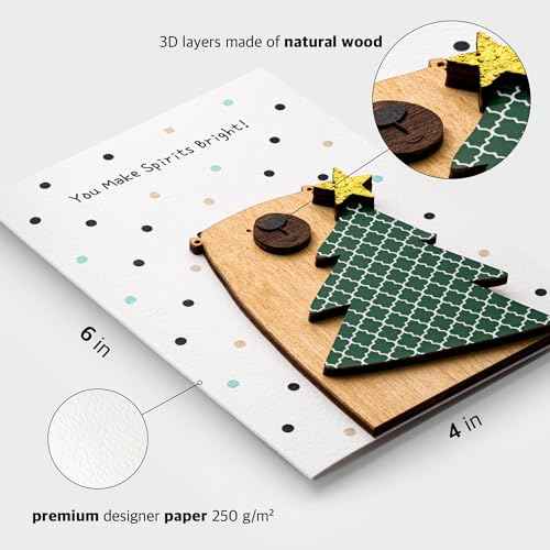 Handmade Christmas Cards with Premium 3D Wooden Design ? Set of 5 Unique Gift Cards with Kraft Envelopes ? Perfect for Friends & Family ? Boxed Merry Christmas Collection (Season of Joy)