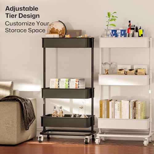 3-Tier Adjustable Rolling Cart with Dual-Column Frame, Tool-Free Assembly Metal Utility Cart, Customizable Storage Organizer for Kitchen Bathroom Office Heavy Duty 120lbs Capacity - White
