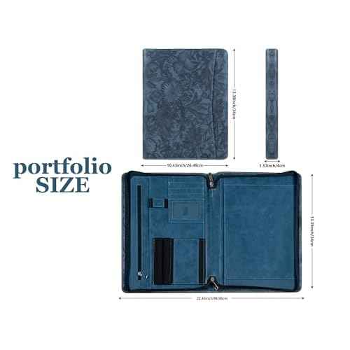 AZXCG Leather Padfolio Folio, Embossed PU Leather Portfolio with Zipper, Professional Business Document Organizer with A4/US Letter Writing Pad Holder, Gift for Woman/Men(Dark Blue)
