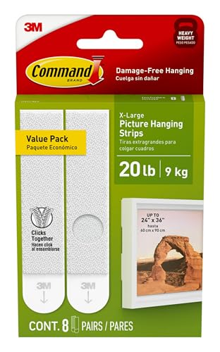 Command X-Large 20 lb Picture Hanging Strips (8 Pairs / 16 Strips) – Heavyweight, 24 x 36" Frame