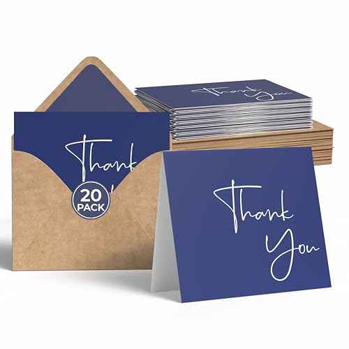 VNS Creations 20 Pack Thank You Cards With Envelopes, Stickers, 4x6 Inch Blank Thank You Notes - Bulk Box Set Large Notes for Graduation, Wedding, Small Business, Baby & Bridal Shower - Navy Blue