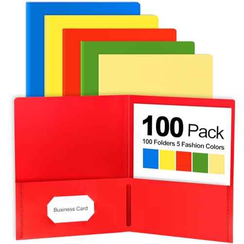 Habgp 100 Pack Plastic Folders with Pockets, 5 Color Heavy Duty Two Pocket Folder Business Card Holder for Office High School, Business Resume