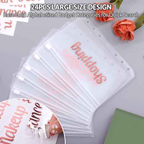 SKYDUE Budget Binder with 8pcs Zipper Envelopes,Money Organizer for Cash with 12pcs Expense Sheets & 24 Rose Gold Sticky Labels