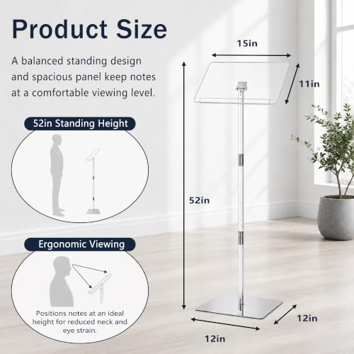 Koretech Clear Acrylic Podium Stand with Metal Base, Adjustable Angles 15x11 in, 52 in tall for Church, Weddings, Classroom