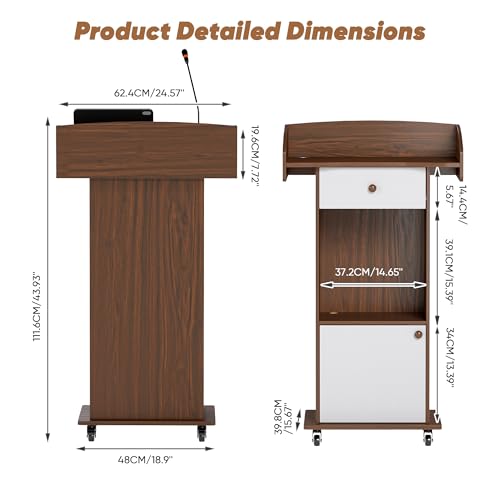 Suuiwau Portable Rolling Podium with Drawer, Cabinet & 4 Locking Wheels – Brown/White