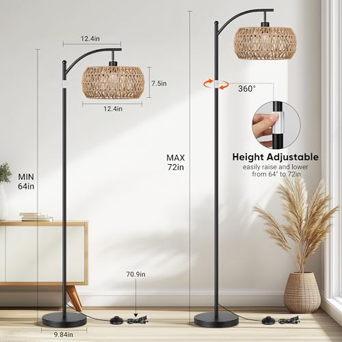 ROTTOGOON Rattan Floor Lamps for Living Room, Boho Standing Lamps with Rattan Shades, Arc Lamps Floor Standing with 9W Bulb, Foot Switch, Bohemian Floor Lamps for Bedroom, Office- Black
