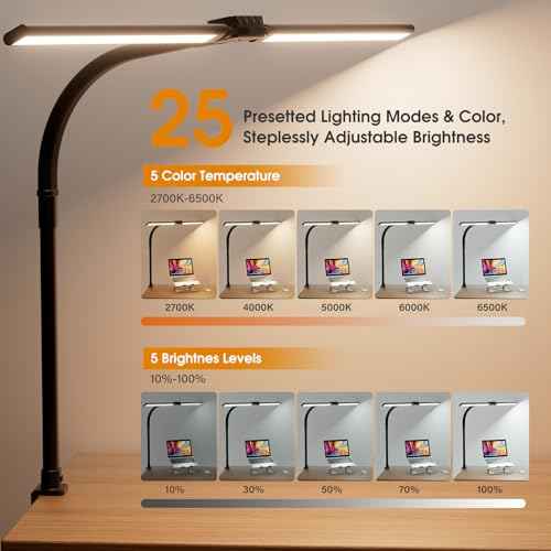 LED Desk Lamp for Home Office - Eye-Caring Computer Desk Light with Clamp, Rotatable Computer Lighting with Color Changing, Dimmable Monitor Table Lamp with Gooseneck, Double Head, Black