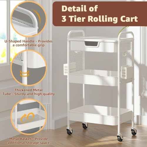 3 Tier Rolling Cart with Drawer, Metal Rolling Utility Cart on Wheels with Pegboard, Art Cart Storage Organizer with Tabletop for Living Room, Office, Bedroom (White)