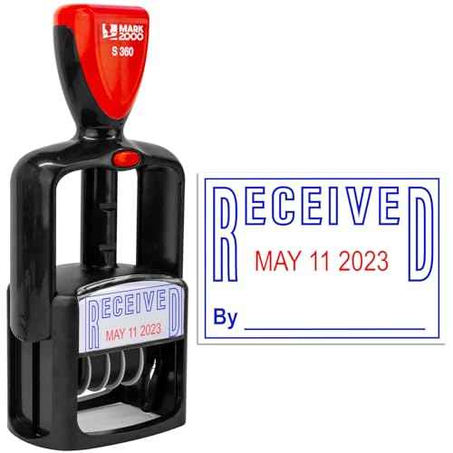 Self-Inking Rubber Date Office Stamp with Received Phrase - Blue Ink & Date Red Ink - 12-Year Band