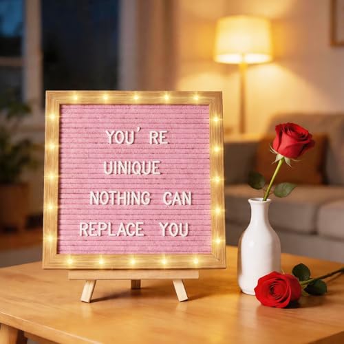 Pink Felt Letter Board with LED Lights & Wooden Stand 10x10 Inch