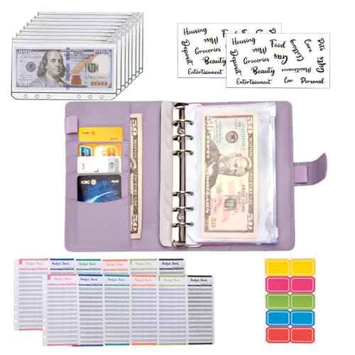 NICOOTHBudget Binder Cash Envelopes A6 Money Saving Binder with Zipper envelopes (Purple)