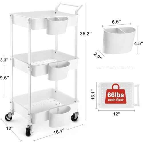 3-Tier Utility Rolling Cart,Mobile Utility Cart with Lockable Caster Wheels,Storage Shelves Organizer Cart, 3 Hanging Baskets, Easy Assembly,for Bathroom, Kitchen, Office, Workshop