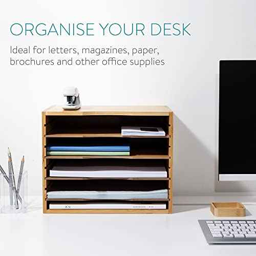 Navaris Bamboo Desk File Organizer - Paper Tray Letter Storage with 4 Adjustable Shelves - Desktop Inbox Trays - 13" Wide x 9.6" Deep x 10.2" High
