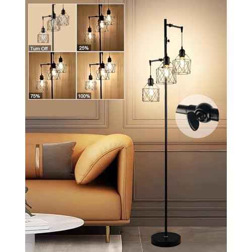 Lightdot 67IN 3-Light Floor Lamp for Living Room, Dimmable Tree Floor Lamp with Black Elegant Cages, Industrial Standing Tall Lamps with E26 LED Bulbs Included, Farmhouse Rustic lamp for Bedroom-Black