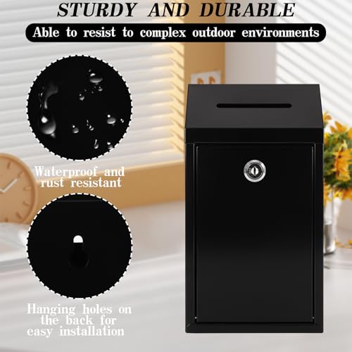 Black Metal Donation Box with Lock and Key Drop Slot for Home Office