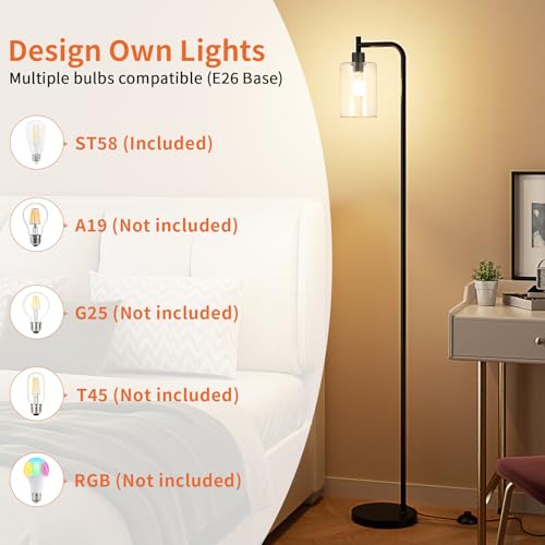 Ziisee Black & Clear Glass Shade Industrial Floor Lamp with LED Bulbs & Foot Pedal Switch