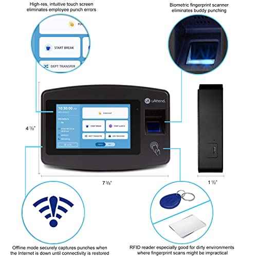 uAttend JR2000 Biometric Fingerprint, RFID, PIN Time Clock for Small Business ? Cloud-Based Attendance System with Optional Payroll Integration ? All-in-One System