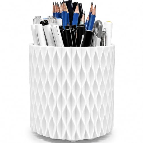 Lebenrich White Rotating Pen Holder for Desk, 5 Compartments, Water Ripple Design
